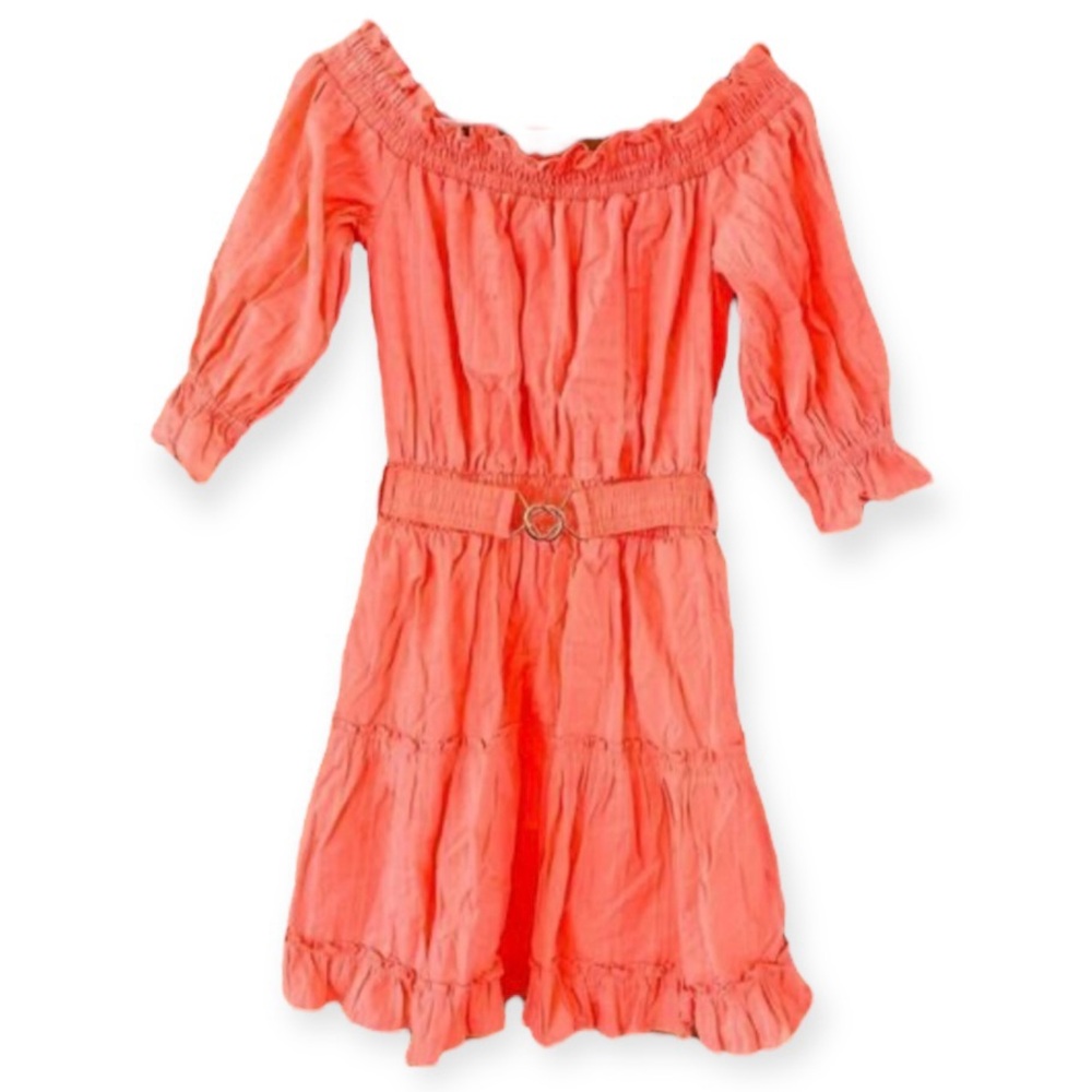 LILLY PULITZER Louisa Dress Papaya Punch Off The Shoulder Belted Tiered Mini NWT - Picture 3 of 13